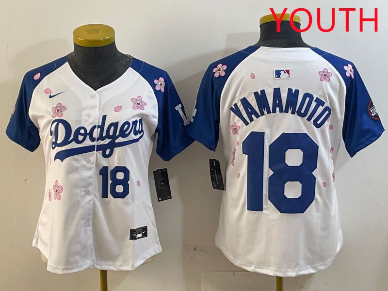 Youth Los Angeles Dodgers #18 Yamamoto White Blue Sakura Edition 2025 Nike MLB Jersey style 7->youth mlb jersey->Youth Jersey